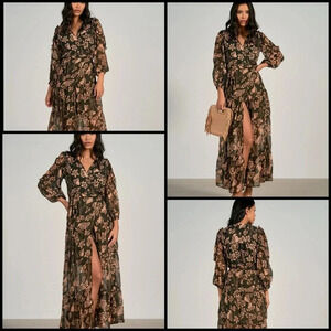 Elan Cosmo Floral Napa Print Ruffle Tiered   Wrap Sweeping Maxi Coquette Dress S